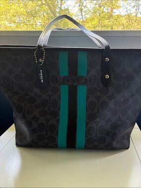 Coach Black Signature Tote with Teal Racing Stripes